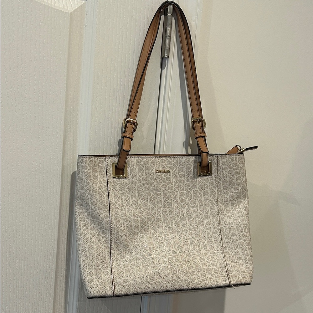 Calvin Klein Cream Monogram Tote Bag Purse for Women